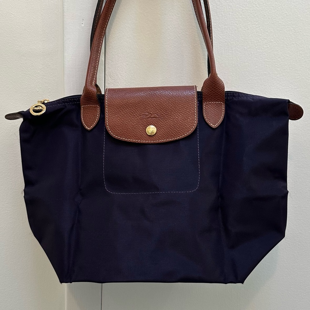 Longchamp Le Pliage Tote Work Bag Travel Recycled Canvas Navy Brown Medium